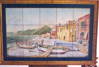 Albisola ceramics Art - A framed panel in majolica decorated with view of " Fisherman's House "